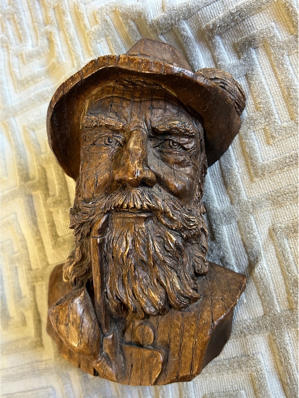 Hand-Carved Wooden Wall Hanging Bust of Bearded Man with Pipe and Hat